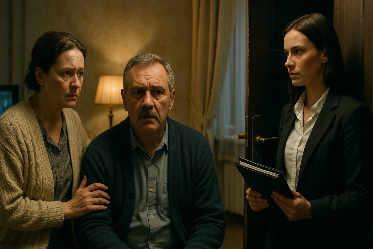 В гостиной пожилой капитан Валентин Орлов (60 лет, в домашней одежде) сидит с женой Галиной Семёновной (58 лет, встревоженной), напротив адвокат Елена Крылова (30 лет, в деловом костюме, с папкой) говорит строго. Атмосфера — напряжённый разговор, угроза суда, семейное волнение. Ключевые слова: капитан, жена, адвокат, разговор, документы, конфликт, ответственность.