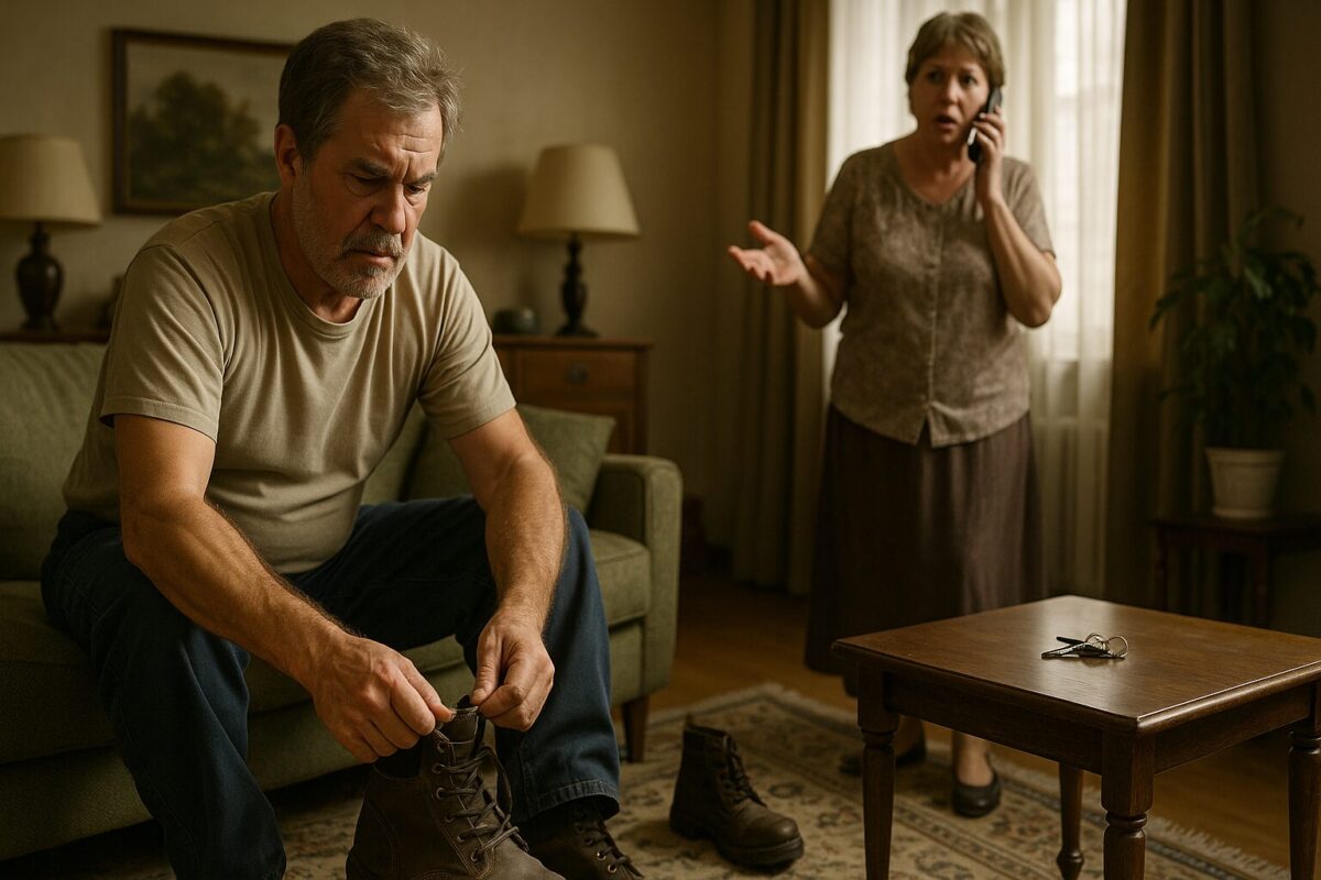 Виктор Семёнович (60 лет, в рабочей одежде, усталый) сидит на кухне, перед ним телефон и инструменты в углу, на столе беспорядок. За окном пасмурно. Атмосфера — переломный момент, мужчина решает отказаться от просьб родственников и заняться своей жизнью. Ключевые слова: мужчина, кухня, телефон, усталость, решение, родственники, самостоятельность.