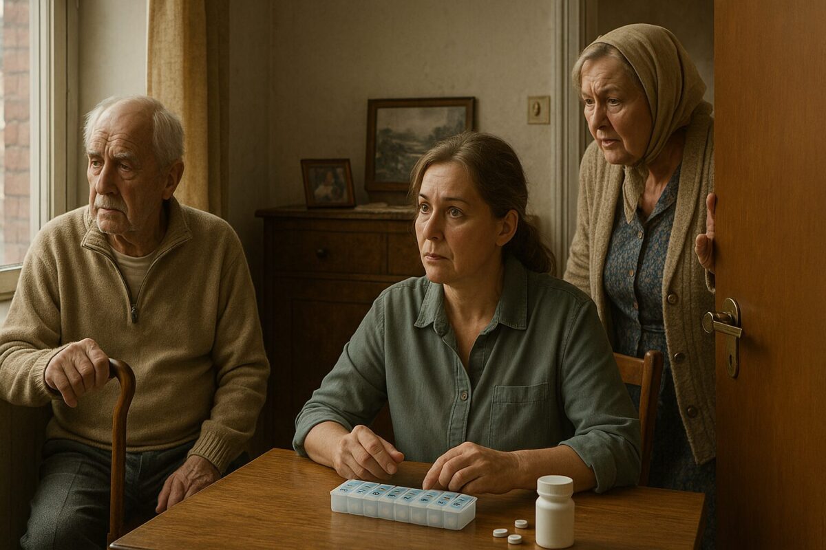 Уютная, но старая кухня. Пожилая женщина (52 года) устало сидит с телефоном за столом, рядом её пожилой отец (78 лет, после инсульта) в халате с палочкой, смотрит в окно. На фоне — соседка с кастрюлей борща. Атмосфера заботы, усталости, семейной ответственности.