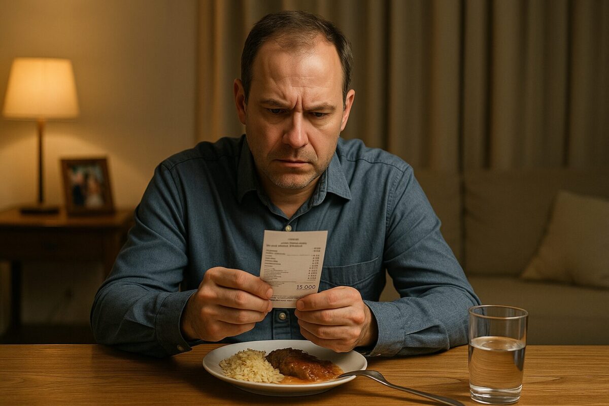 Мужчина средних лет смотрит на чек из ресторана на 13 тысяч рублей, задумчивое лицо, семейная драма, измена жены, подозрения, кризис в браке, напряжение, русская семья, реалистичное фото, интерьер дома, семейные отношения».
