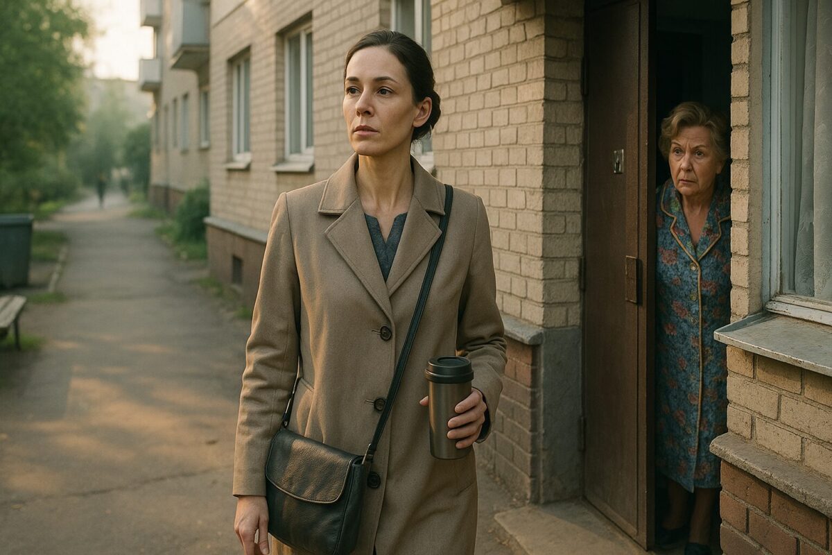 Женщина около 40 лет в светлом пальто и с термокружкой в руке выходит из подъезда многоэтажки ранним утром, её лицо спокойно и решительно. В окне первого этажа пожилая женщина в цветастом халате с растерянным выражением наблюдает за ней из-за занавески. Атмосфера — освобождение и начало новой жизни.