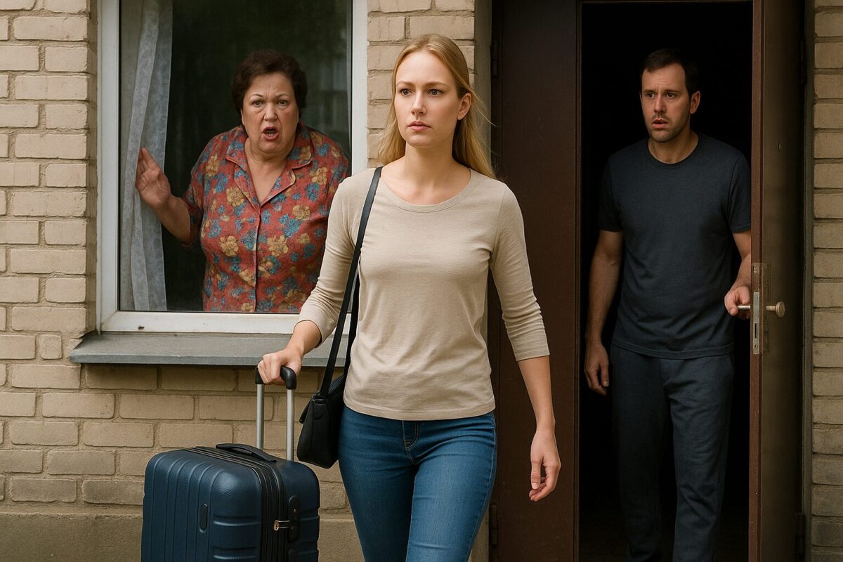Молодая женщина со светлыми волосами и чемоданом уходит от подъезда, её лицо решительное. В окне — полная пожилая женщина в халате с возмущённым выражением, из дверей выходит мужчина в домашней одежде с растерянным видом. Атмосфера — напряжение и момент освобождения.
