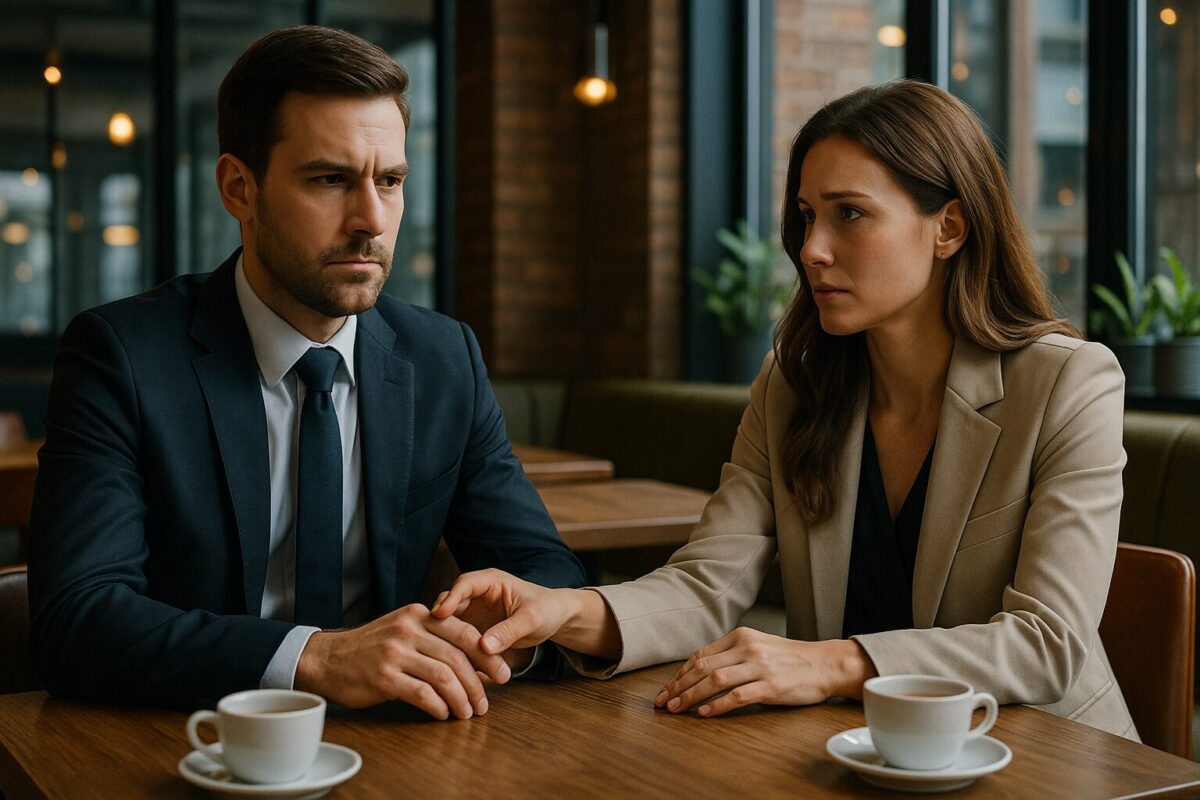 В современном кафе за отдельным столиком сидят мужчина в деловом костюме и женщина в стильном пиджаке. Она тянется рукой к его ладони, он слегка отстраняется, на лице решимость и спокойствие. Атмосфера напряжённая, момент выбора между прошлым и настоящим.