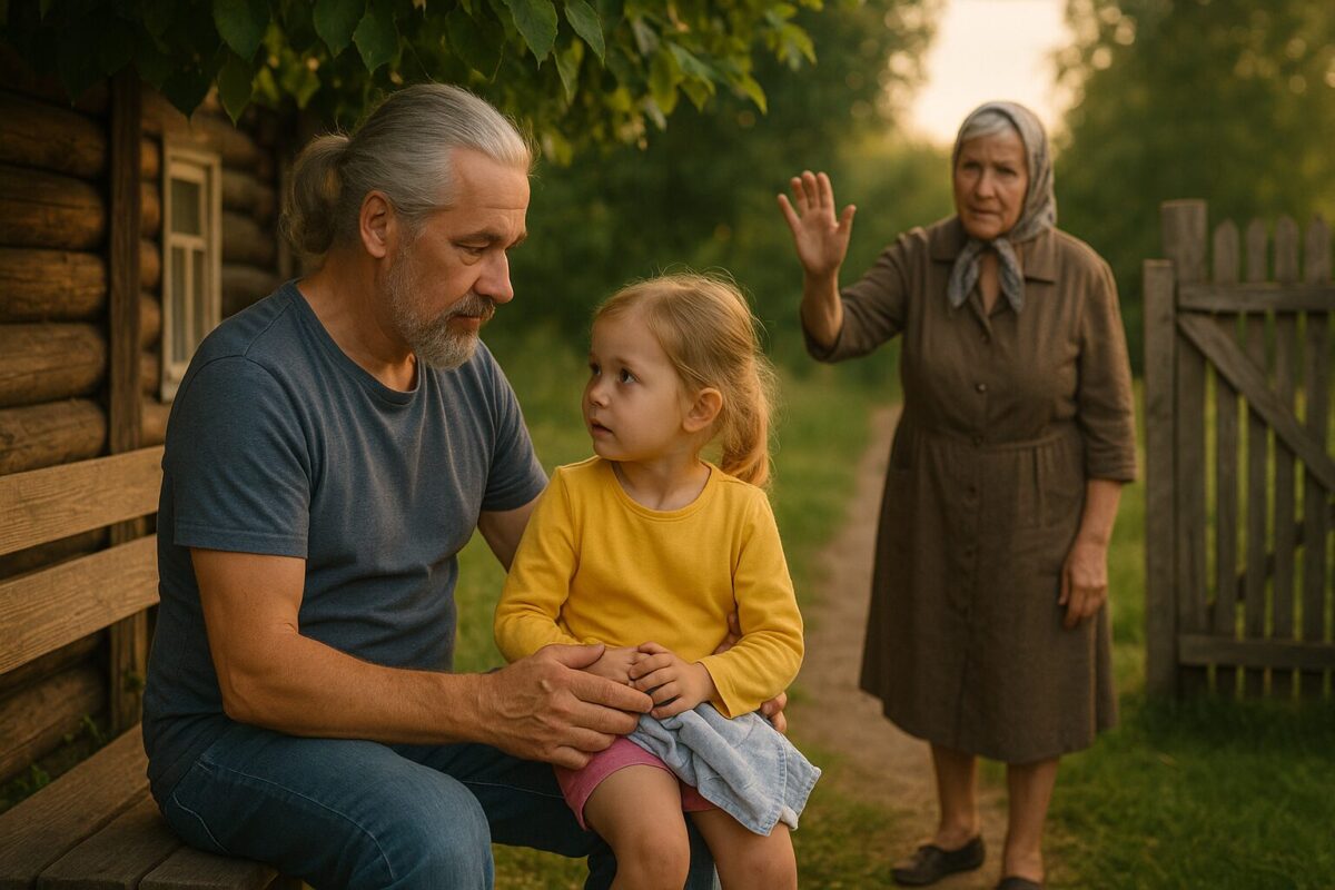 Летний вечер у деревенского дома. Седой мужчина с косичкой в бороде сидит на лавочке под липой, держа на коленях маленькую девочку в жёлтой кофточке. У калитки пожилая женщина в платке машет рукой, зовёт домой. Атмосфера тёплая, полная заботы и уюта.
