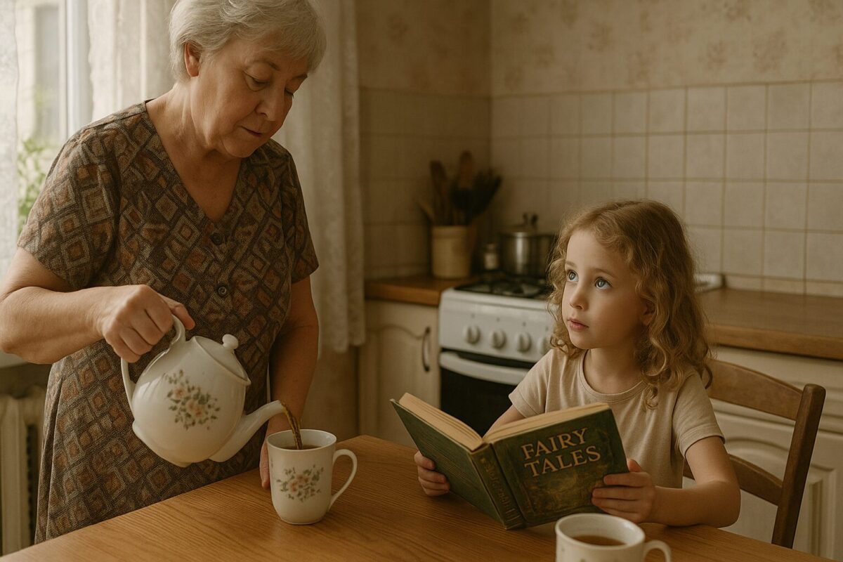 Уютная кухня старой квартиры. Пожилая женщина в домашнем платье наливает чай в чашку. Рядом за столом сидит девочка лет 6–7 с большими серыми глазами и светлыми кудрями, держа в руках книгу сказок. Атмосфера тёплая, доверительная, начало новой семейной истории.
