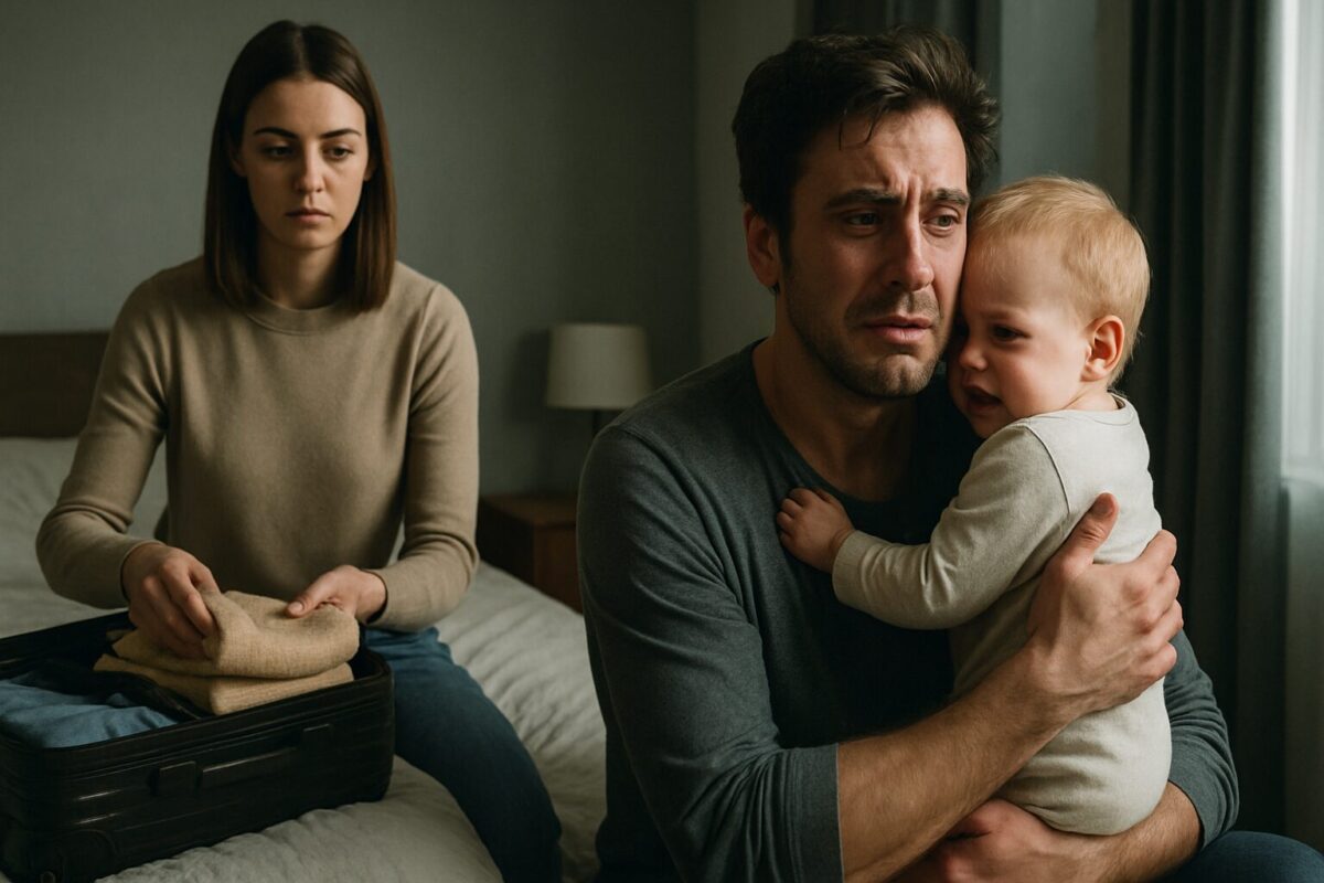 Молодая женщина равнодушно складывает вещи в чемодан, пока мужчина с отчаянием держит на руках годовалого ребёнка в спальне, атмосфера — разрыв и эмоциональная боль.
