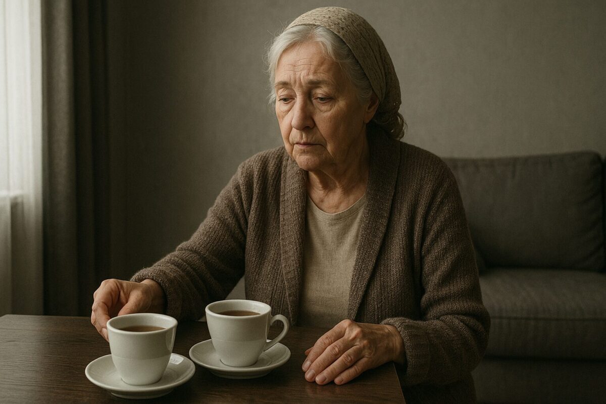 Пожилая женщина в платке и кардигане сидит за столом с двумя чашками чая, её взгляд усталый и печальный, атмосфера — одиночество и тихая жертвенная любовь.