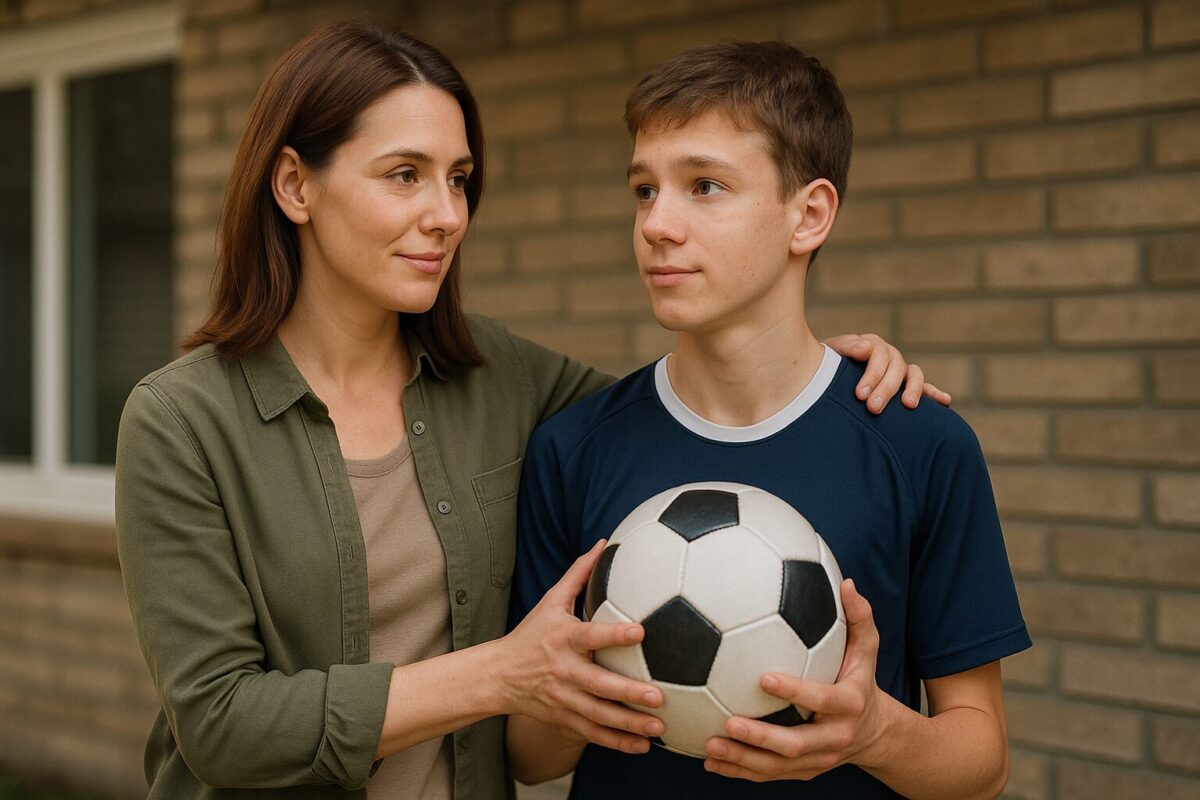 Молодая женщина с тёплым и решительным взглядом стоит рядом с подростком, который держит футбольный мяч. В её жесте — забота и поддержка, в его лице — доверие и надежда. Атмосфера — выбор семьи вопреки трудностям.