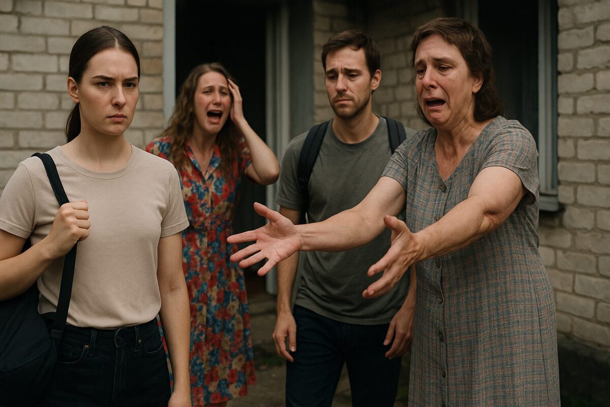 Молодая пара уходит из дома с решимостью и болью, а мать в отчаянии тянет руки вслед, позади её поддерживает истеричная дочь. Атмосфера — драматичный разрыв и конфликт в семье.