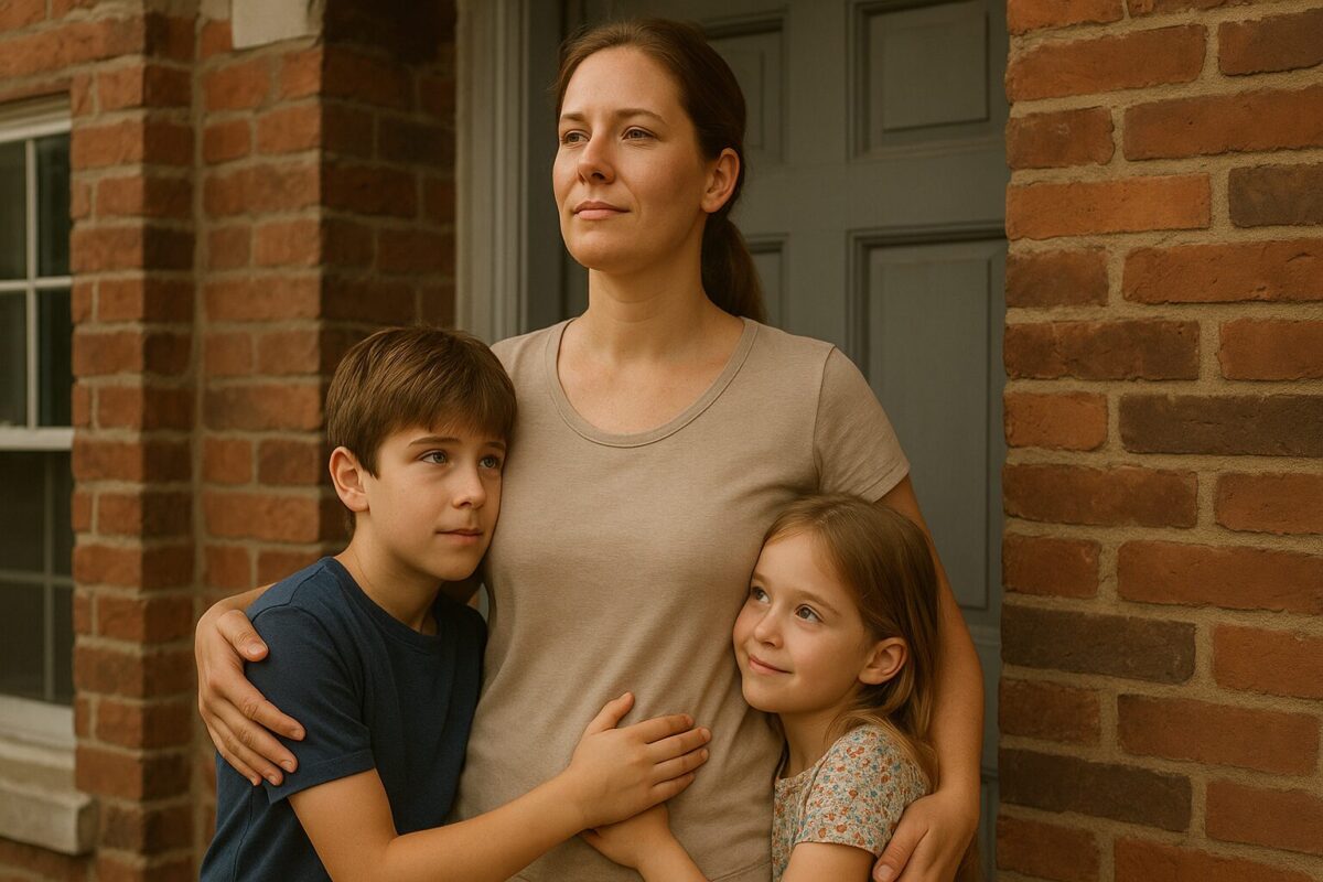 Женщина около 40 лет обнимает сына и дочь, стоя у кирпичной стены. В её лице спокойная твёрдость, в детских глазах — доверие и спокойствие. Атмосфера — освобождение и начало новой жизни ради детей.