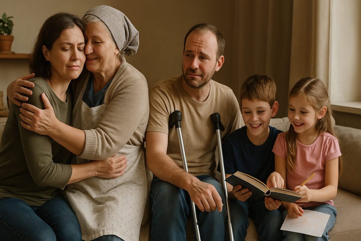 Семейная сцена в гостиной — пожилая женщина в фартуке с теплотой обнимает невестку, рядом мужчина на костылях, а дети читают и рисуют, весело улыбаясь. Атмосфера — уют, поддержка и настоящая семья, построенная на заботе.