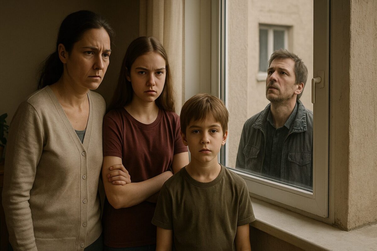 Семья у окна — мать, дочь и сын смотрят внутрь, в то время как мужчина в мятой куртке стоит снаружи и смотрит вверх, контраст тепла и поддержки внутри и одиночества снаружи.