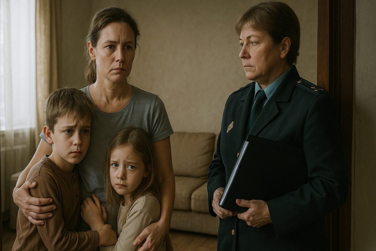 Мать с двумя детьми, прижавшимися к ней, стоит напротив судебного пристава в форме с папкой документов. Атмосфера напряжённая: дети напуганы, мать собрана, пристав серьёзна.