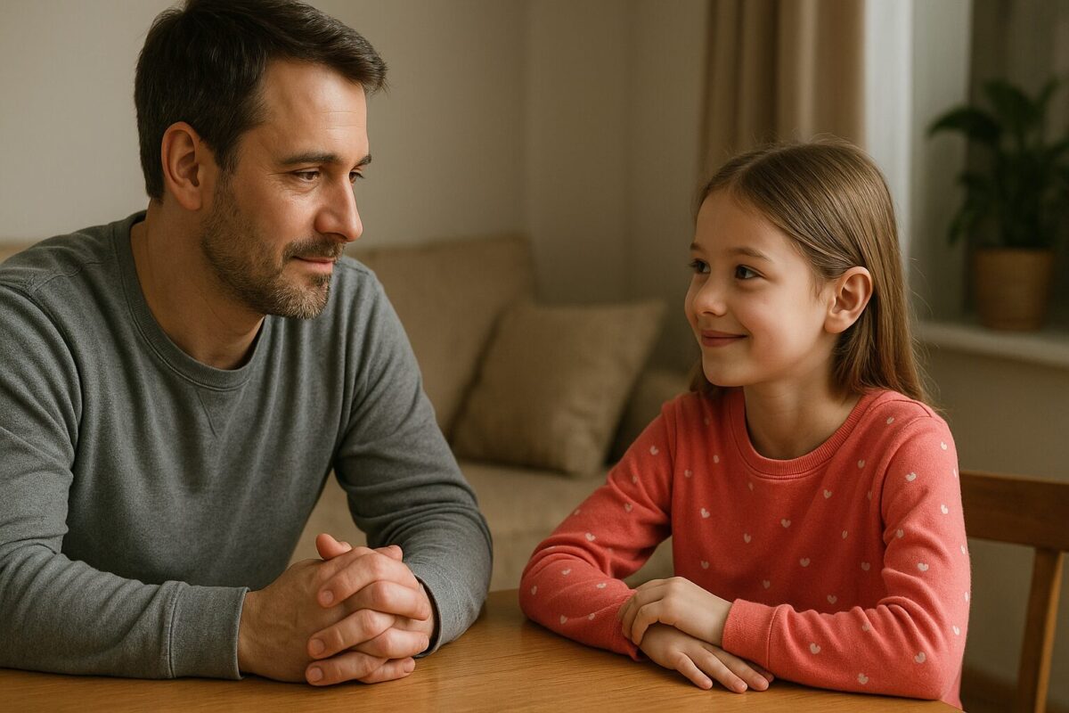 Мужчина около 40 лет в домашней одежде и девочка 11 лет в яркой кофточке сидят вместе, смотрят друг на друга с теплом и осторожной улыбкой. Атмосфера — начало новой доверительной связи, светлая и хрупкая надежда.