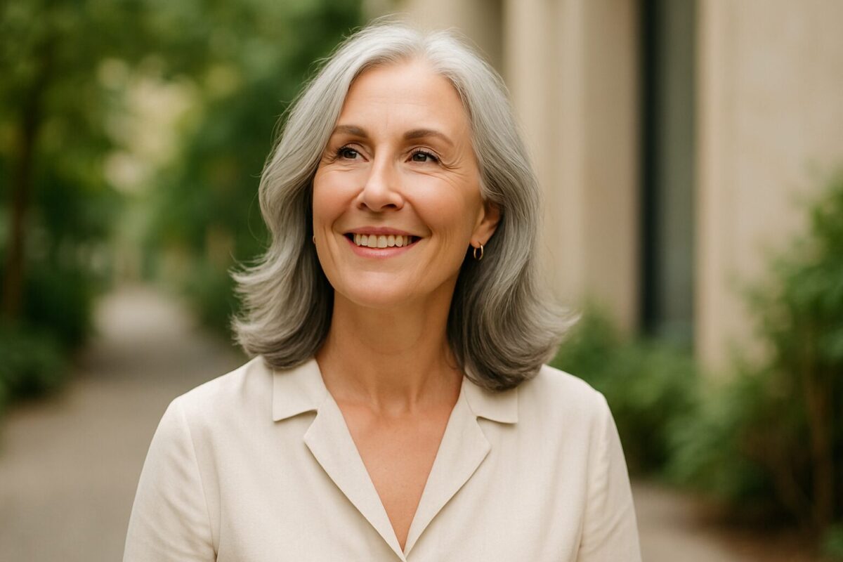 Женщина 50+, ухоженная, с лёгкой сединой и уверенной улыбкой, в элегантной светлой одежде, стоит на фоне зелёного города. Атмосфера спокойствия, свободы и возвращения к своим мечтам.
