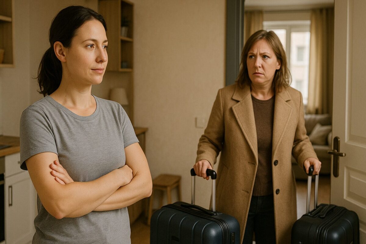 Молодая женщина в простой домашней одежде стоит с уверенным видом, скрестив руки, напротив неё — женщина постарше в пальто с чемоданами и недовольным лицом. На фоне — тесная, но уютная квартира. Атмосфера напряжения и внутренней свободы.