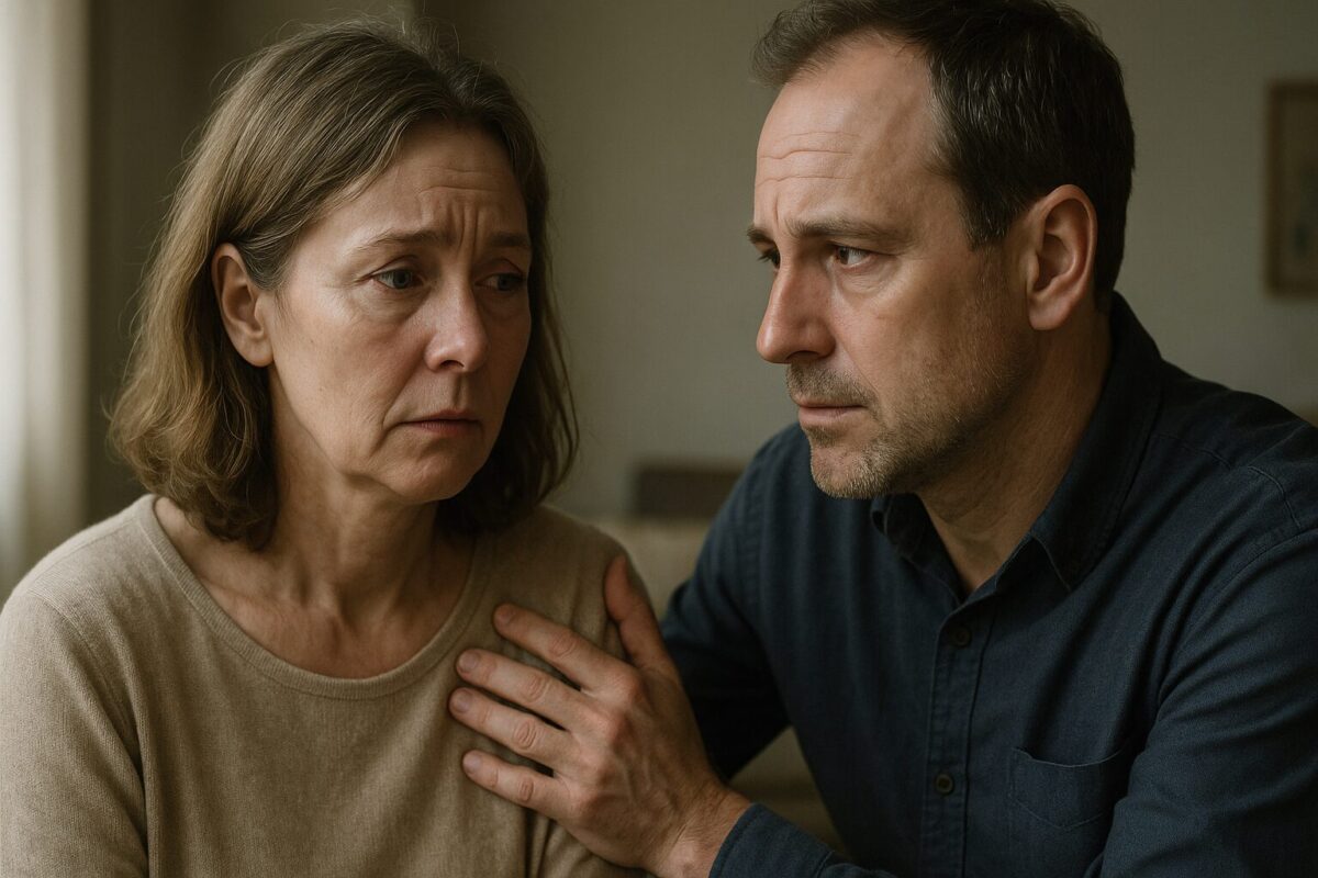 Мужчина и женщина около 50 лет сидят рядом, он кладёт руку ей на плечо. Женщина смотрит в сторону с усталым и обиженным выражением лица, мужчина — серьёзный, с виноватым и решительным взглядом.