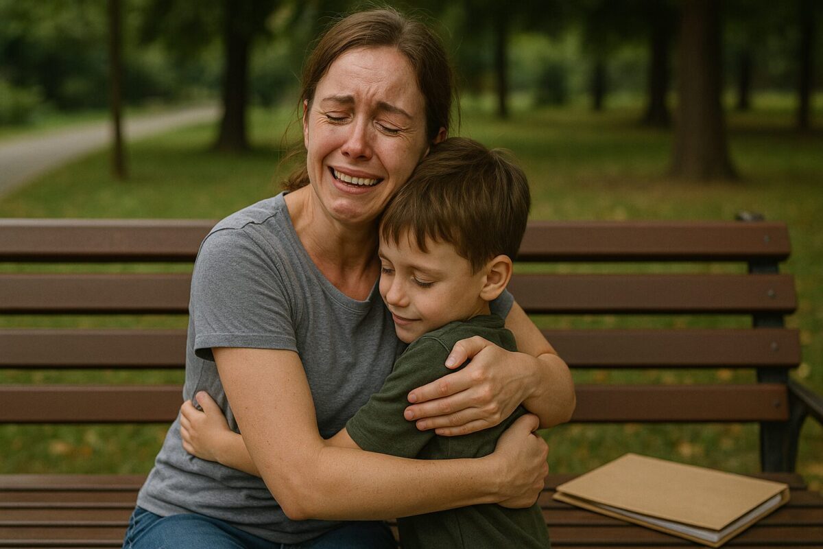 Женщина около 40 лет со слезами облегчения обнимает худенького мальчика 8 лет, который прижимается к ней доверчиво и крепко. Они сидят на скамейке, рядом лежит папка с документами.