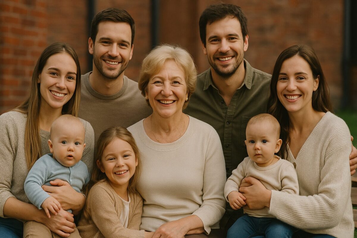 Семейная сцена примирения: женщина около 60 лет в простом праздничном наряде стоит в центре и улыбается. Рядом её двое взрослых сыновей 30–35 лет, их жёны с младенцами на руках и девочка 6–7 лет.