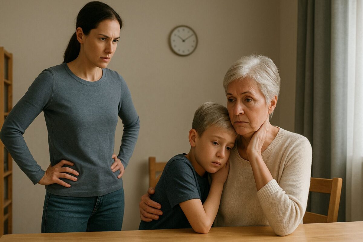 Молодая женщина около 35 лет в повседневной одежде стоит у стола с серьёзным и уверенным взглядом. За столом сидит женщина около 60 лет с короткой стрижкой, растерянным и обиженным выражением лица.