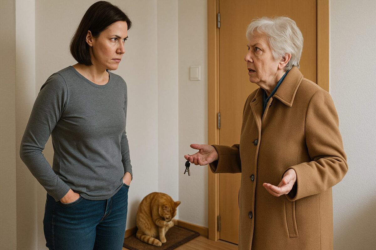 Молодая женщина около 50 лет стоит в прихожей, твёрдый взгляд и решимость. Пожилая женщина около 70 лет в пальто держит в руке ключи, возмущённо и растерянно говорит. На коврике сидит рыжий кот и умывается.