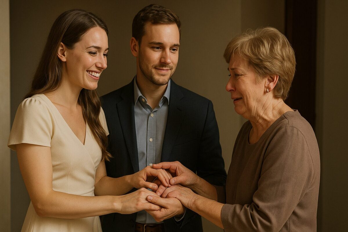 Молодая женщина около 28 лет в простом элегантном платье счастливо улыбается, её руку держит молодой мужчина около 30 лет, скромный, но уверенный. Женщина 55–60 лет, мать, со слезами радости на глазах трогает их руки.