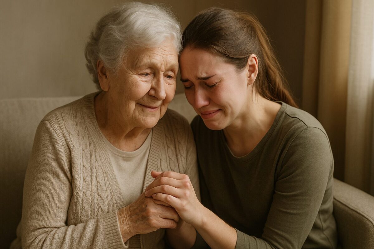 Пожилая женщина 75–80 лет с мягким и добрым лицом держит за руку молодую девушку около 20 лет в простой одежде. Девушка плачет, на её лице слёзы и раскаяние, она прижимается к старушке.