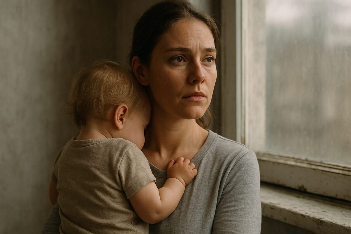 Молодая женщина около 30 лет в серой домашней одежде держит на руках маленького ребёнка, уткнувшегося ей в плечо. На лице женщины — усталость и спокойная решимость. Атмосфера — момент прозрения и освобождения, начало новой жизни.