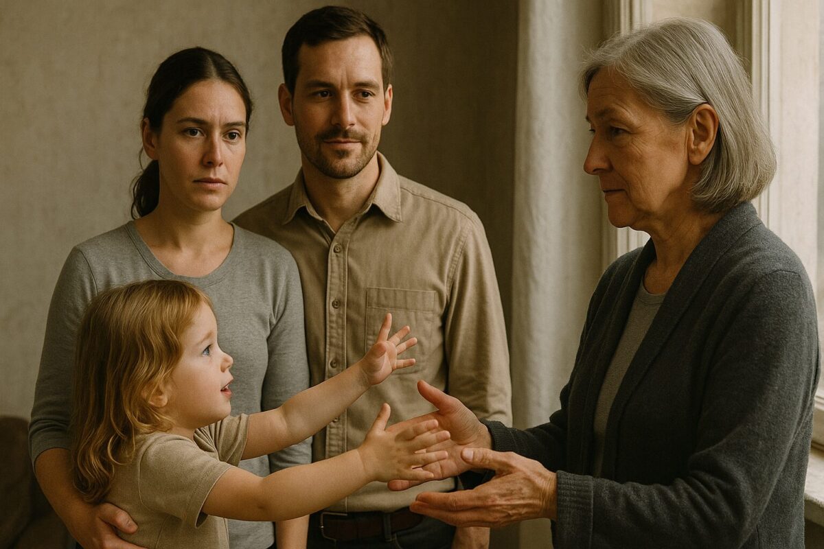 Семья с ребёнком и бабушка в момент напряжённого разговора, у бабушки на глазах слёзы.