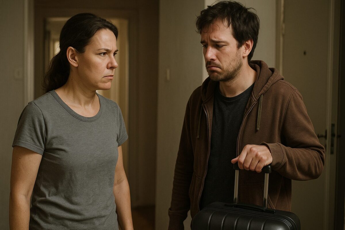 Женщина у двери квартиры твёрдо смотрит на мужчину с чемоданом, он уходит с обиженным видом.