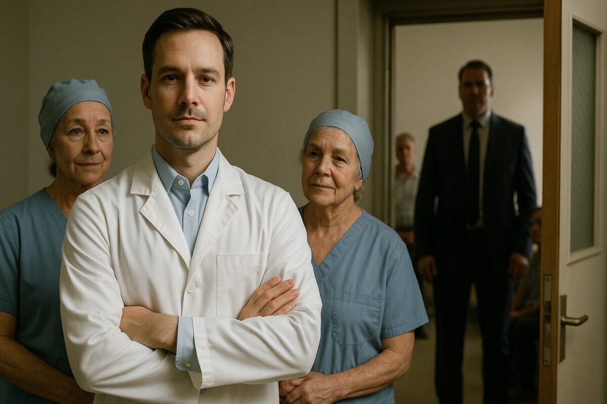 Врач в белом халате уверенно сидит в кабинете, за дверью ждут пациенты.