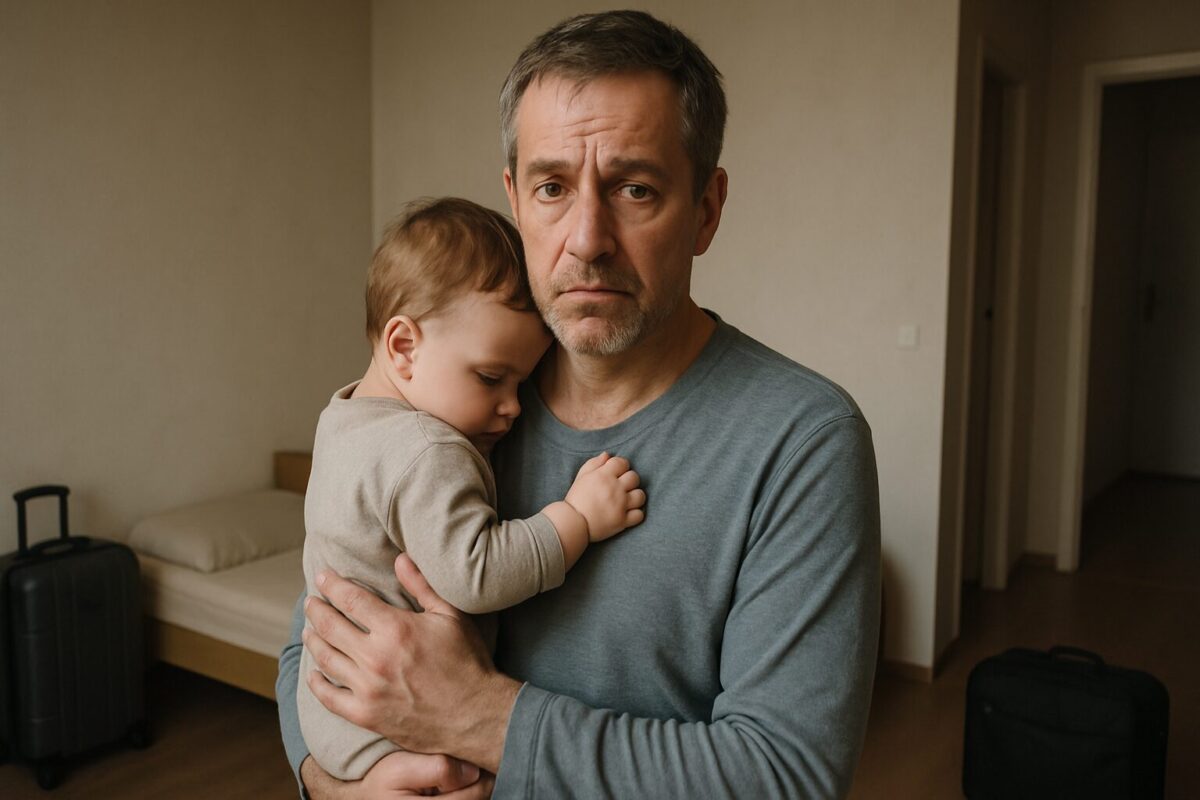 Мужчина с маленьким ребёнком сидит в квартире среди чемоданов, в глазах усталость.