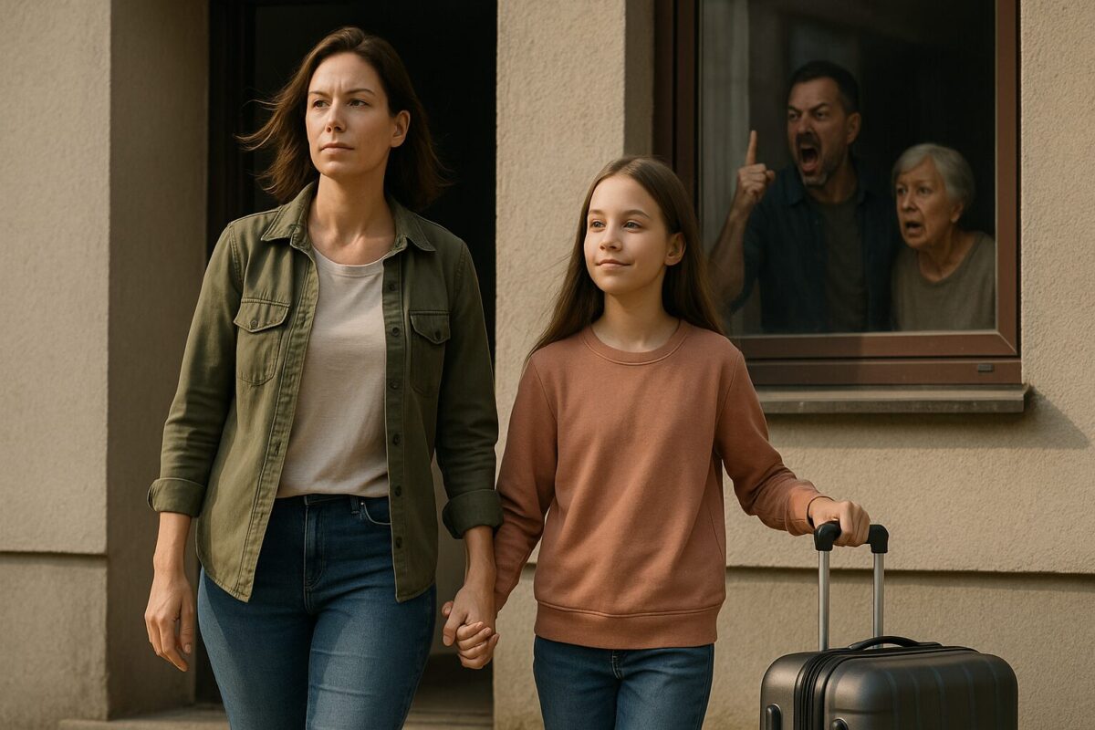 Мать с дочерью и чемоданом уходят из дома, на фоне — силуэты мужа и свекрови в окне.