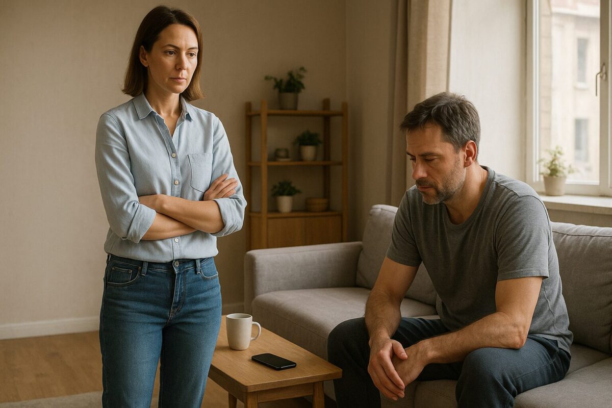 Женщина около 40 лет стоит в гостиной с прямой осанкой, скрестив руки, спокойно смотрит на мужчину 43 лет, сидящего на диване с опущенным взглядом. Атмосфера — напряжённое молчание.