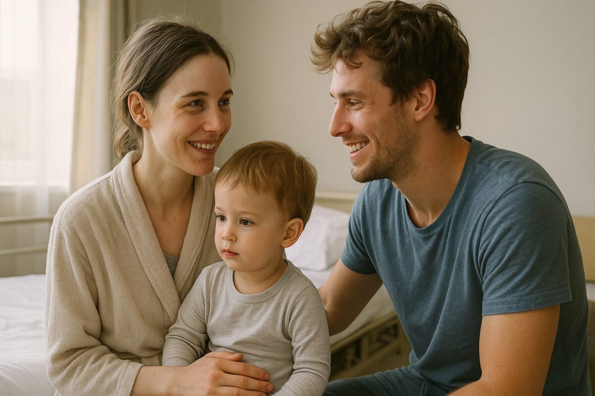 Молодая женщина в домашнем халате с ребёнком на коленях улыбается мужу, сидящему напротив. В её взгляде — радость и усталость, в его — тёплая, облегчённая улыбка. Атмосфера — светлая, домашняя, после болезни.