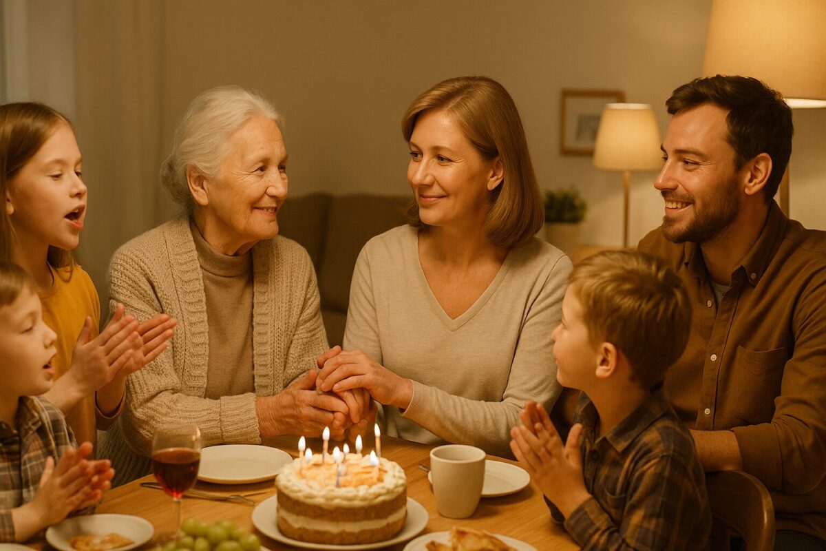 Семейный праздник. Катерина около 60 лет с благодарной улыбкой держит за руку свекровь Анфису Андреевну (80 лет). Рядом муж, дети и внуки. Атмосфера — тепло, радость и умиротворение в кругу большой семьи.