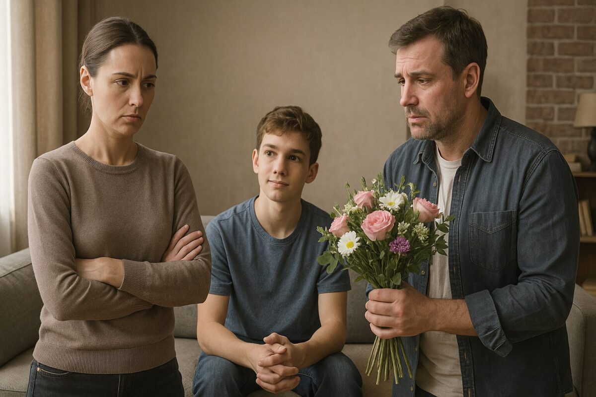 Женщина с серьёзным выражением лица стоит, скрестив руки, мужчина протягивает букет с раскаянием, а подросток с доброй улыбкой сидит между ними на диване, наблюдая за ними с надеждой.