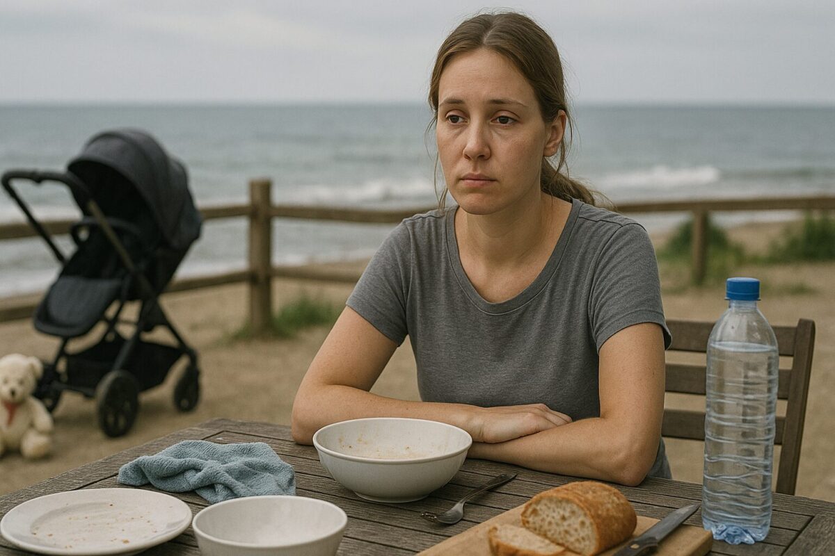 Уставшая молодая женщина сидит за столом на берегу моря, перед ней грязная посуда и продукты, рядом коляска и детская игрушка. В её взгляде — грусть и усталость, атмосфера сцены — разочарование и изнурённая рутина.