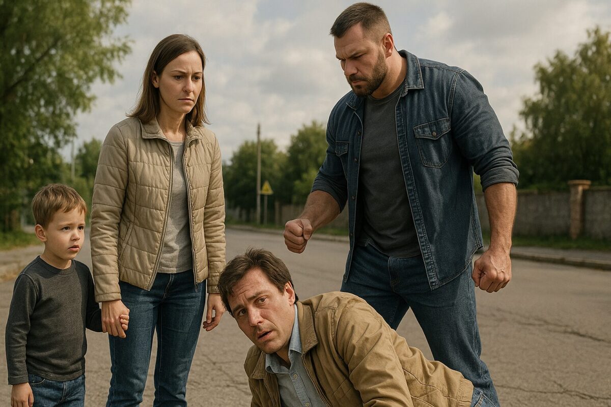 На улице разворачивается напряжённая сцена: женщина около 35 лет держит за руку сына 4–5 лет, рядом её муж сжимает кулак и стоит над мужчиной, упавшим на асфальт, в смятении и унижении. Атмосфера — кульминация конфликта, решимость защитить семью и финальная точка прошлого.