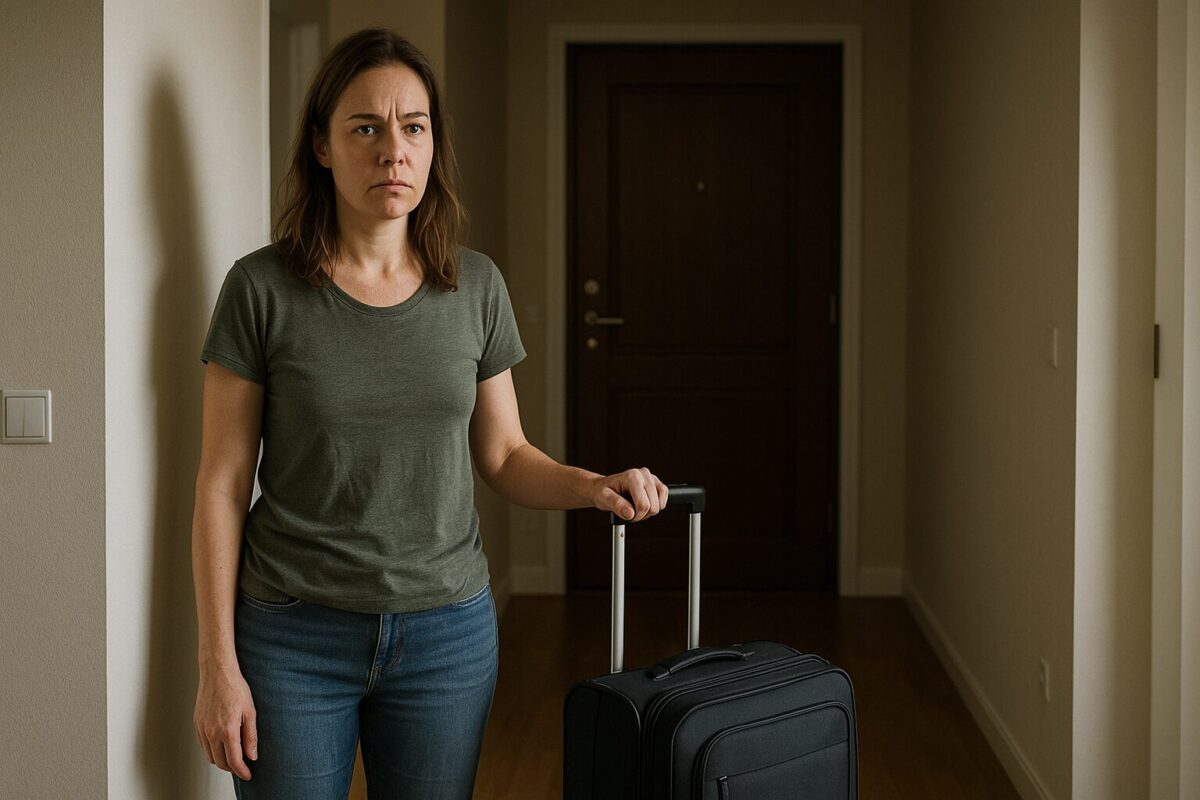 Женщина с ключами и чемоданом у двери квартиры, на лице решимость.