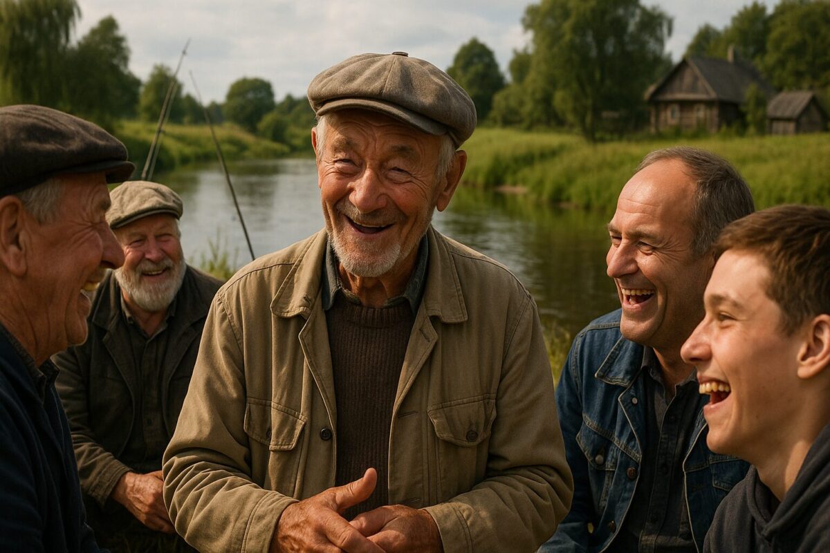 Мужики на рыбалке смеются, слушая рассказ Николая Семёновича, сидящего на траве у реки.