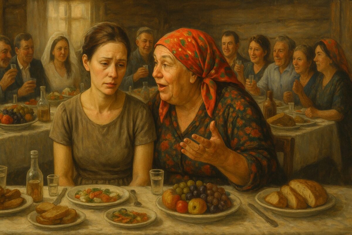 – Марина, женщина около 35 лет, стройная, с усталым лицом, одета в простое платье, сидит за свадебным столом. – Степанида, пожилая женщина лет 60, полная, в яркой косынке, оживлённо жестикулирует, склонившись к Марине. – На заднем плане гости за длинным столом: мужчины и женщины разных возрастов, с едой и рюмками.