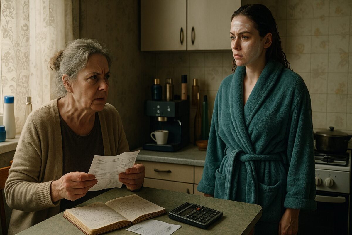 пожилая мать 62 лет сидит на маленькой кухне, держит в руках банковский счёт и калькулятор, рядом тетрадь расходов. Напротив — взрослая дочь 35 лет в махровом халате цвета морской волны, с кремом на лице