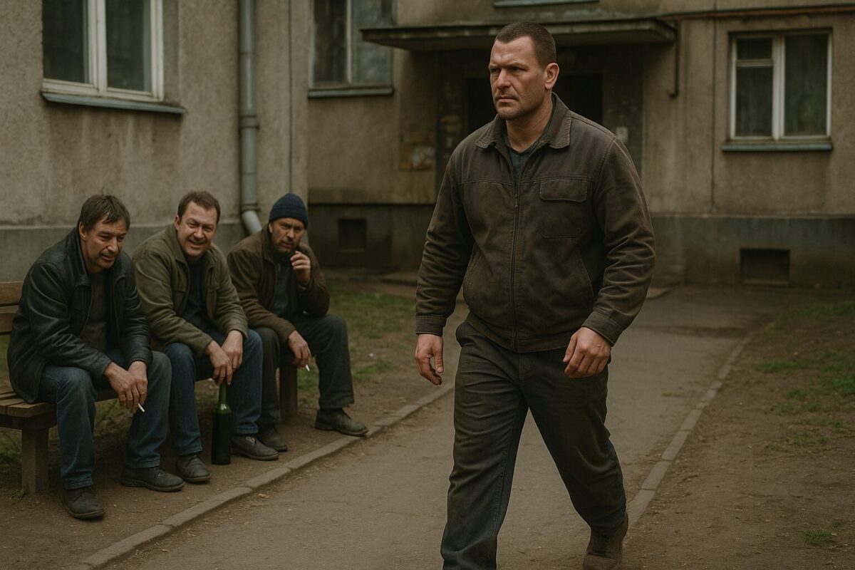 Рабочий мужчина идёт мимо пьяных мужчин на лавочке у советского подъезда, уличное унижение, моральный выбор, дворовая сцена, реалистичное фото, социальная драма, рабочий класс, 16:9.