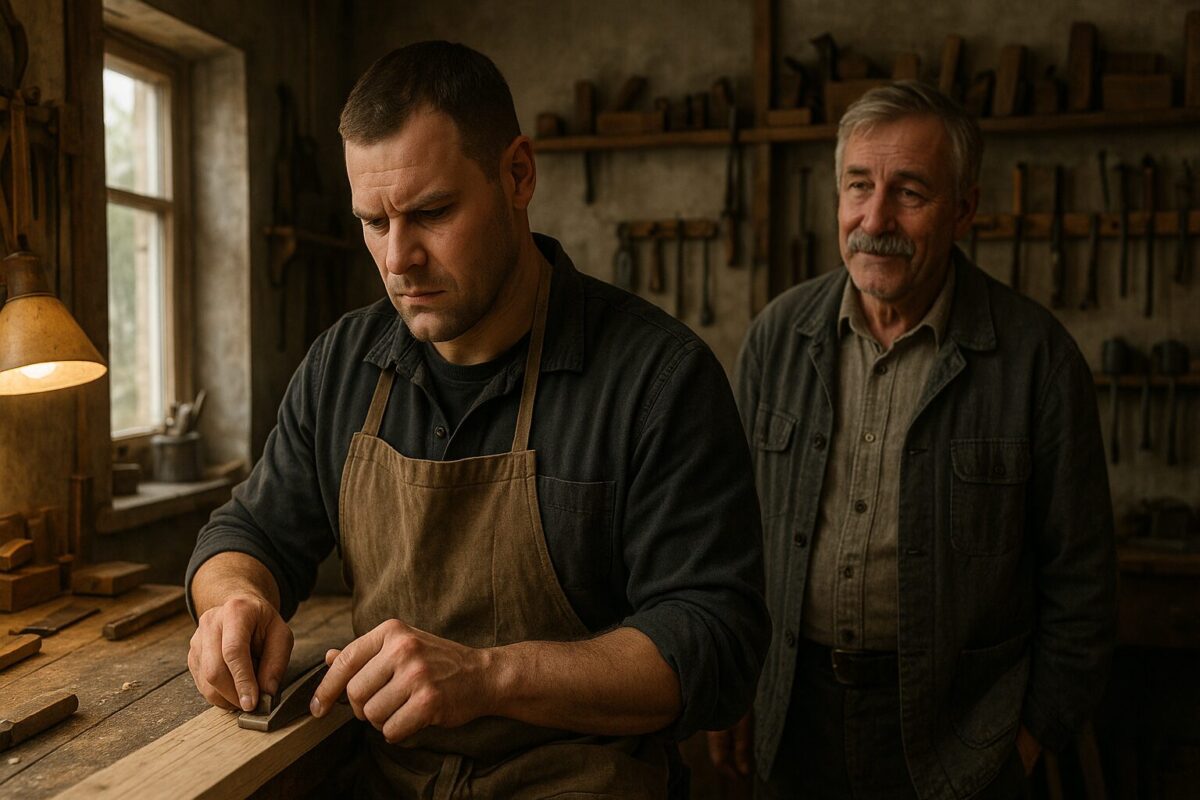 Виктор и дядя Пётр в домашней мастерской, рабочий процесс, столярное дело, мужское ремесло, наставник и ученик, уютная атмосфера, мастер-класс, доверие и преемственность, реалистичное фото, 16:9.