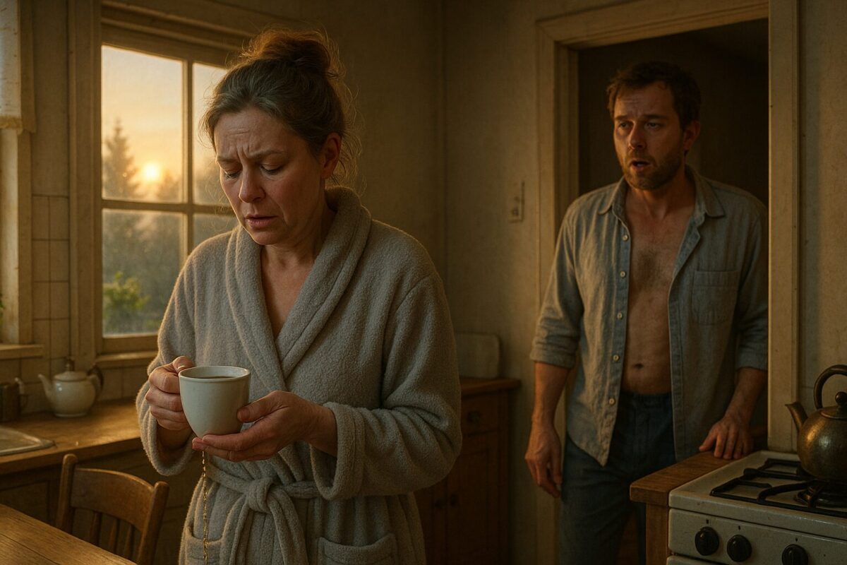 Женщина в халате проливает чай на кухне ранним утром, рядом обеспокоенный муж — напряжённая семейная сцена, конфликт, секрет из прошлого.