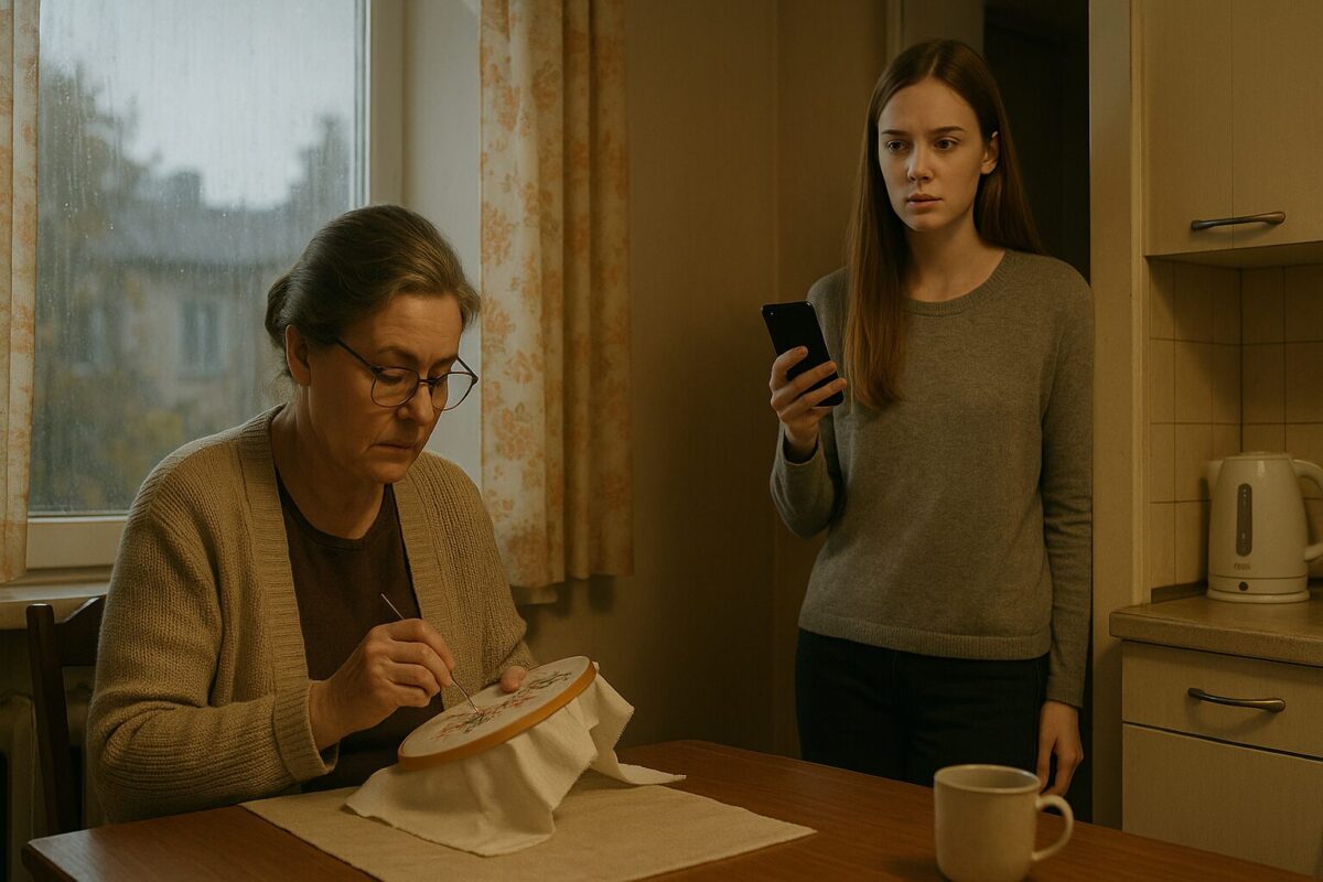 Пожилая женщина вышивает на кухне в осенний вечер, рядом стоит взрослая дочь с телефоном — напряжённая сцена ожидания звонка от отца.