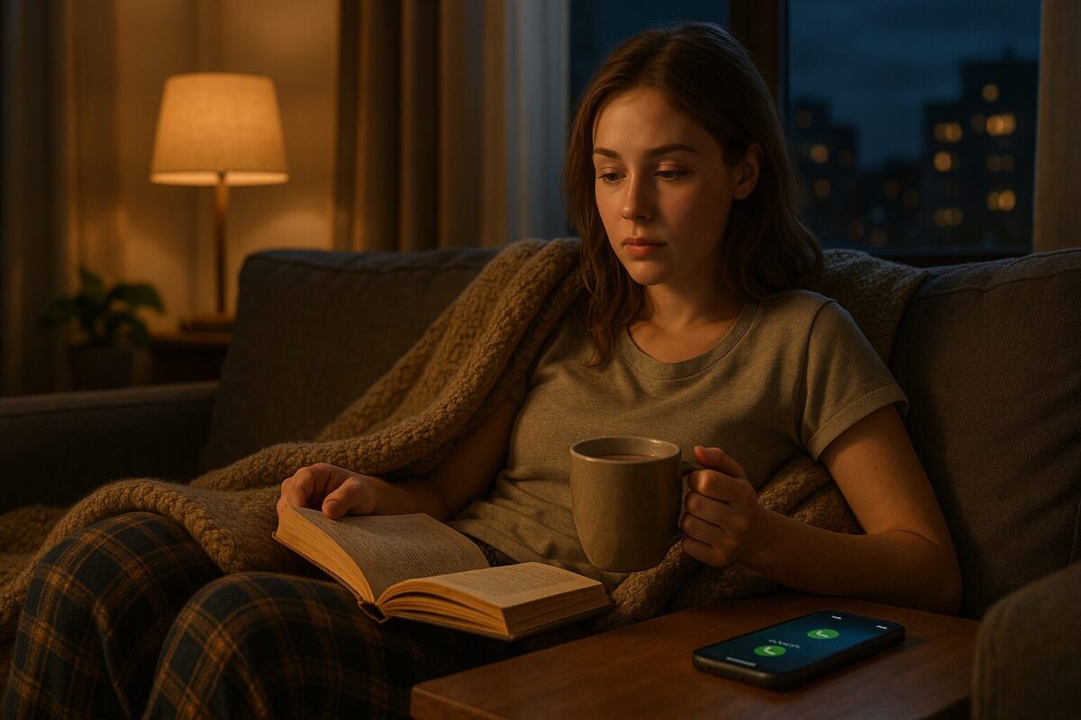 Девушка 20 лет в пижаме и пледе сидит на диване с книгой и кружкой какао, смотрит на звонок на телефоне — уютный вечер дома, студенческая жизнь.