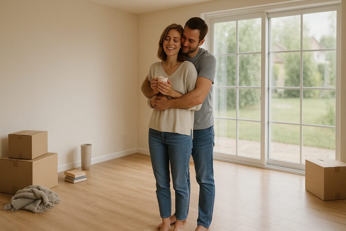 Молодая пара обнимается в новой светлой гостиной среди коробок после переезда — начало семейной жизни, счастье, уютный дом.