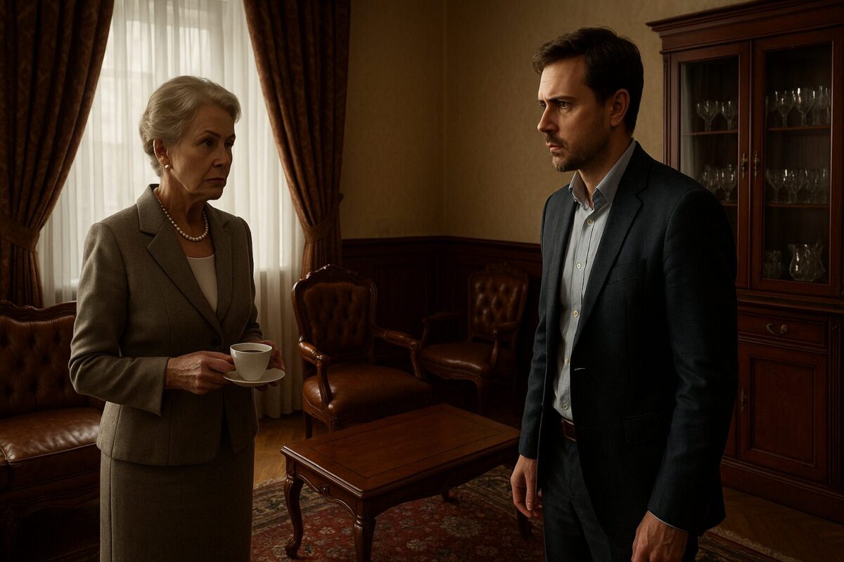 Властная свекровь в жемчужном колье и строгом костюме стоит напротив взрослого сына в роскошной гостиной — сцена конфликта, контроль в семье, давление матери.